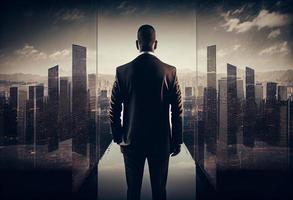 attività commerciale uomo in piedi indietro con paesaggio urbano nel ufficio grattacielo. creare ai foto