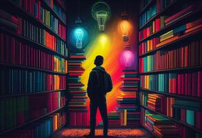 uomo con libro e lampadina guardare per conoscenza su biblioteca con colorfull libri. creare ai foto