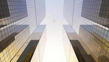 grandi grattacieli finanziari di vetro della città con un aereo che passa sopra la testa in un cielo sereno, rendering 3d foto