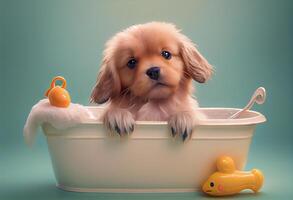 carino cucciolo cane nel vasca da bagno , animali domestici pulizia, studio sparo. creare ai. foto