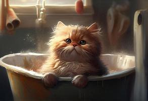carino gatto nel vasca da bagno , animali domestici pulizia. creare ai. foto