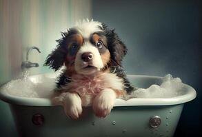 carino cucciolo cane nel vasca da bagno , animali domestici pulizia, studio sparo. creare ai. foto