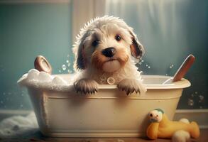 carino cucciolo cane nel vasca da bagno , animali domestici pulizia, studio sparo. creare ai. foto