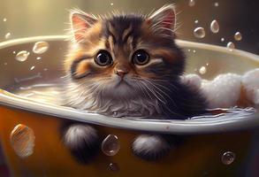 carino gatto nel vasca da bagno , animali domestici pulizia. creare ai. foto