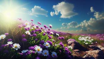 bellissimo primavera estate naturale paesaggio con un' campo di viola trifoglio fiori. creare ai. foto
