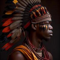 ritratto realistico grafica di un africano uomo con forte facciale Caratteristiche nel nazionale Abiti - ai generato Immagine foto