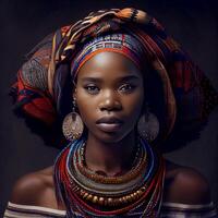 ritratto realistico grafica di un africano donna con forte facciale Caratteristiche nel nazionale Abiti - ai generato Immagine foto