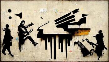 generativo ai, strada arte con chiavi e musicale strumenti sagome. inchiostro graffiti arte su un' strutturato carta Vintage ▾ sfondo, ispirato di Banksy foto