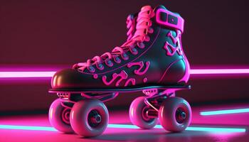 generativo ai, rullo pattinare nel cyberpunk stile, discoteca nostalgico anni 80, anni 90. neon notte luci vivace colori, fotorealistico orizzontale illustrazione di il futuristico città. sport attività concetto. foto