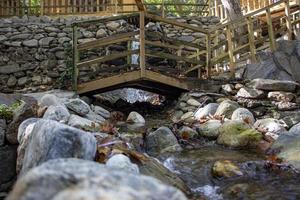 di legno ponte al di sopra di un' piccolo ruscello nel il foresta. cascata nel il giardino con rocce e le foglie nel il autunno stagione. di legno ponte al di sopra di un' ruscello nel il giardino di un' nazione Casa foto