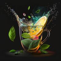 tazza di tè spruzzi spruzzi menta le foglie di ai generato foto