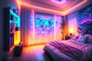 moderno Camera da letto interno con neon luci raggiante ambientale nel il sera lussuoso elegante di ai generato foto