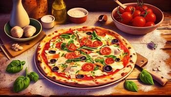 delizioso Pizza su il tavolo nel un' ristorante, italiano cucina. creare ai. foto