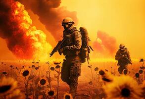 militare speciale forze soldati croci distrutto zona di guerra attraverso fuoco e Fumo nel un' girasole campo creare ai. foto