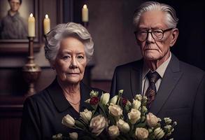 anziano uomo in piedi con attraente donna Tenere fiori su funerale. creare ai. foto