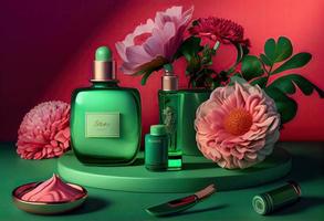 un' verde sfondo con fiori, cosmetici, e altro elementi su esso, Compreso un' bottiglia di profumo e un' fiore su il tavolo superiore di il tavolo, e un' verde sfondo con rosa fiori. creare ai. foto