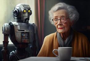 anziano donna si siede a un' tavolo con un' robot. creare ai. foto