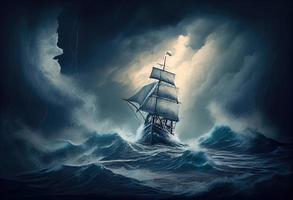 barca a vela contro un' sfondo di mare e tempesta. creare ai. foto