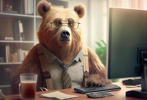 ritratto di un antropomorfo orso come un' sviluppatore nel il ufficio. creare ai. foto