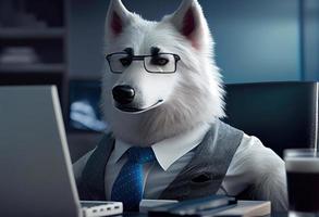 ritratto di un antropomorfo polare lupo come un' sviluppatore nel il ufficio. creare ai. foto