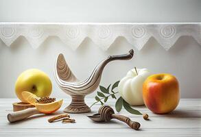 shofar e altro Rosh hashanah vacanza attributi su bianca di legno tavolo in casa . creare ai. foto