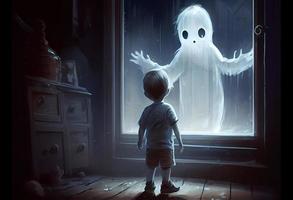 il bambino spaventoso per vedere il fantasma, digitale arte stile, illustrazione la pittura. creare ai. foto