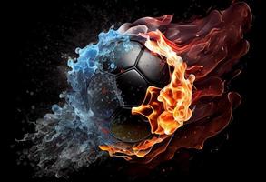 calcio palla nel fuoco e acqua. illustrazione di il calcio palla avvolto nel elementi su nero sfondo. creare ai. foto