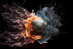 calcio palla nel fuoco e acqua. illustrazione di il calcio palla avvolto nel elementi su nero sfondo. creare ai. foto