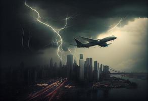 passeggeri aereo mosche nel un' tempesta al di sopra di il città . creare ai. foto