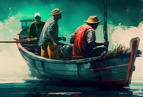 illustrazione pittura di pescatori con pesca asta su barca. creare ai. foto