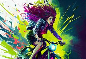 giovane donna equitazione un' bicicletta. creare ai. foto