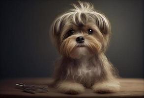 carino cucciolo ottenere un' taglio di capelli, animale domestico cura. creare ai. foto