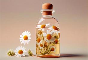 essenziale olio nel bicchiere bottiglia con fresco camomilla fiori. creare ai. foto
