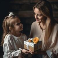 donna con regalo per La madre di giorno ricevuto a partire dal sua poco figlia a casa. generativo ai foto