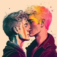 amore LGBTQ concetto. giovane uomo gay coppia LGBTQ concetto. luminosa colori. generativo ai foto