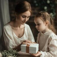 donna con regalo per La madre di giorno ricevuto a partire dal sua poco figlia a casa. generativo ai foto