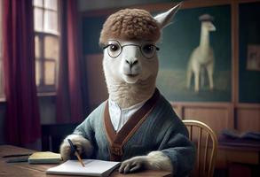 ritratto di un antropomorfo alpaca vestito come un' scolaro nel un' aula. creare ai. foto