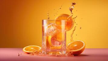tonificante cocktail, ghiaccio cubi e arancia, acqua spruzzata, vivace arancia fondale generativo ai foto