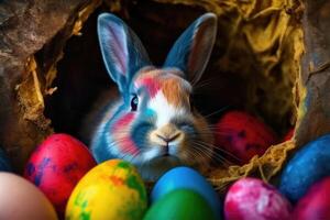Pasqua coniglietto e colorato Pasqua uova sfondo. digitale la pittura. generativo ai foto