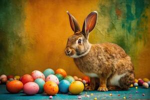 Pasqua coniglietto e colorato Pasqua uova sfondo. digitale la pittura. generativo ai foto