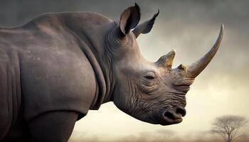 ritratto di il rinoceronte contro il sfondo di il mattina sole nel il savana. lato Visualizza. generativo ai. foto