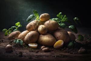 giovane giallo Patata su Marrone terra, fresco biologico patate. generativo ai. foto