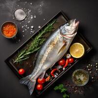 fresco crudo mare basso pesce con ingredienti per fabbricazione su un' cottura al forno foglio. superiore Visualizza. generativo ai. foto