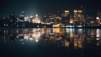 sfocato luci nel città. il bokeh leggero a partire dal edificio e notte città. paesaggio urbano. generativo ai. foto