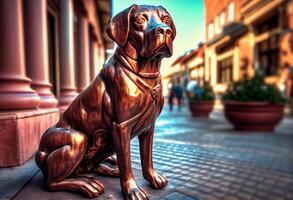 statua di un' rame cane su il strada. ai generato foto