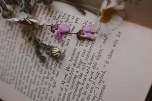bellissimo poco primavera fiore margherita camomilla su il sfondo di il vecchio libro foto