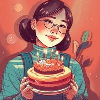 un' ragazza è Tenere un' torta mentre festeggiare un' compleanno, cartone animato illustrazione con generativo ai foto