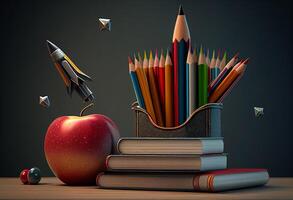 indietro per scuola concetto. pila di libri, matite, Mela e razzo. 3d illustrazione generativo ai foto