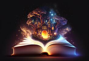 Aperto libro con Magia simboli e luci. elegante raggiante sfondo generativo ai foto