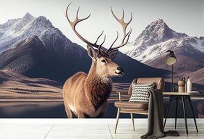 cervo seduta su con montagne nel il sfondo generativo ai foto